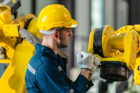 Factory technician performs mechanical maintenance on robotic arm inside industrial facility....