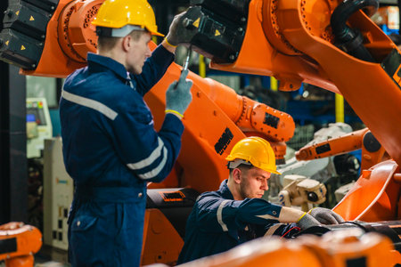 Factory technician performs mechanical maintenance on robotic arm inside industrial facility....