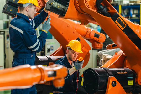 Factory technician performs mechanical maintenance on robotic arm inside industrial facility. Highlighting precision engineering, safety protocols, and automation in modern manufacturing environmentsの写真素材