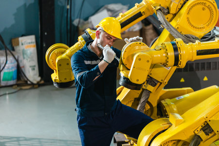Factory technician performs mechanical maintenance on robotic arm inside industrial facility. Highlighting precision engineering, safety protocols, and automation in modern manufacturing environmentsの写真素材