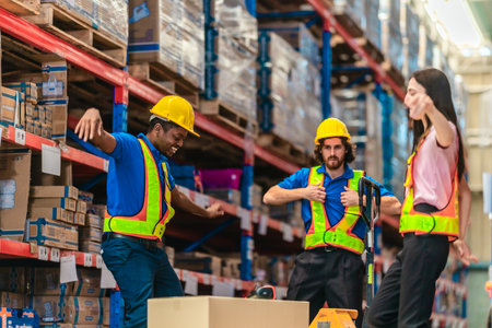 A group of warehouse workers joyfully celebrate a successful project amid industrial shelving and stacked boxes. The vibrant energy and teamwork highlight a positive workplace environment.の写真素材
