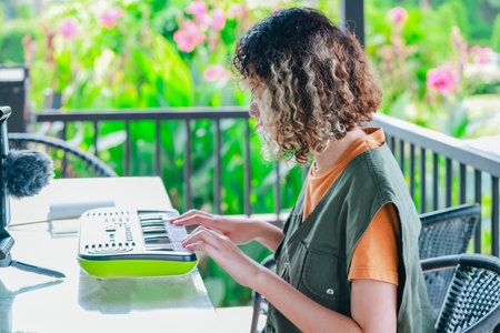 Asian woman with curly, two-tone hair engages in online music session using a small keyboard and...
