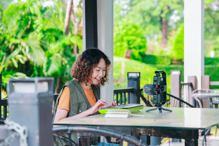 Asian woman with curly, two-tone hair engages in online music session using a small keyboard and...