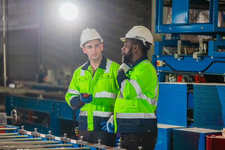 Industrial workers engage in friendly conversation during break inside manufacturing facility. The...