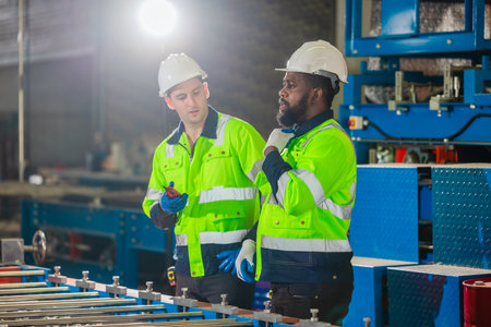 Industrial workers engage in friendly conversation during break inside manufacturing facility. The...