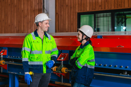 Industrial workers engage in friendly conversation during break inside manufacturing facility. The...