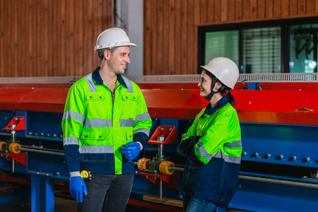 Industrial workers engage in friendly conversation during break inside manufacturing facility. The...