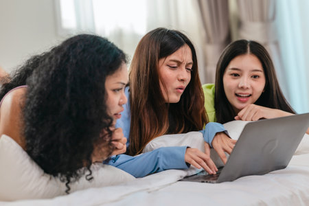 A group of diverse young women is lying on a bed, joyfully engaged in a digital game in a cosy,...
