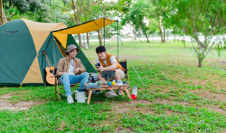Two Asian male friends enjoy relaxing moment together at campsite surrounded by nature. With a tent set up and gear around them, the atmosphere reflects leisure, companionship, and outdoor freedomの写真素材