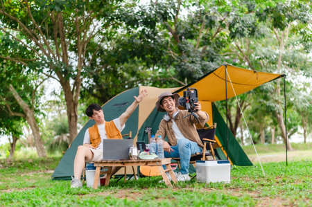Two Asian male friends enjoy relaxing moment together at campsite surrounded by nature. With a tent set up and gear around them, the atmosphere reflects leisure, companionship, and outdoor freedomの写真素材