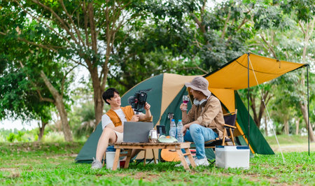 Two Asian male friends enjoy relaxing moment together at campsite surrounded by nature. With a tent set up and gear around them, the atmosphere reflects leisure, companionship, and outdoor freedomの写真素材