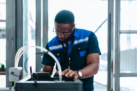 Engineer examines freshly printed 3D component in a workshop , showcasing advanced manufacturing and...
