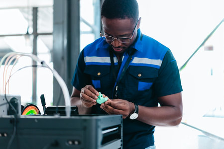 Engineer examines freshly printed 3D component in a workshop , showcasing advanced manufacturing and...