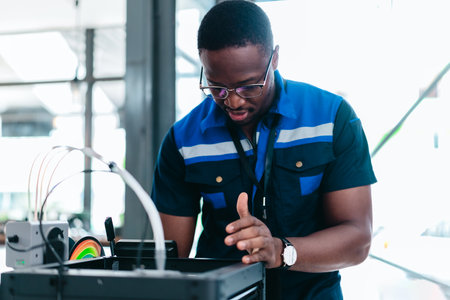 Engineer examines freshly printed 3D component in a workshop , showcasing advanced manufacturing and...