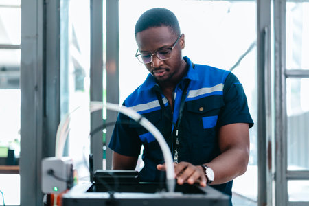 Engineer examines freshly printed 3D component in a workshop , showcasing advanced manufacturing and...