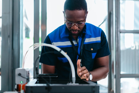 Engineer examines freshly printed 3D component in a workshop , showcasing advanced manufacturing and...