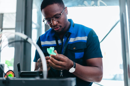 Engineer examines freshly printed 3D component in a workshop , showcasing advanced manufacturing and...