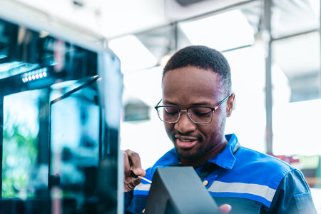 Engineer examines freshly printed 3D component in a workshop , showcasing advanced manufacturing and...