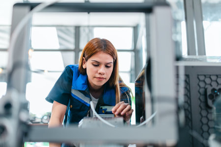 Engineer examines freshly printed 3D component in a workshop , showcasing advanced manufacturing and prototyping technology. Reflecting innovation, precision engineering, industrial design processesの写真素材