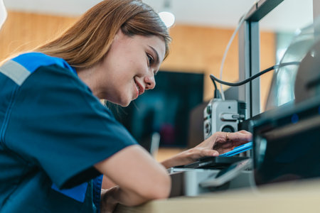 Engineer examines freshly printed 3D component in a workshop , showcasing advanced manufacturing and...