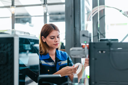Engineer examines freshly printed 3D component in a workshop , showcasing advanced manufacturing and prototyping technology. Reflecting innovation, precision engineering, industrial design processesの写真素材