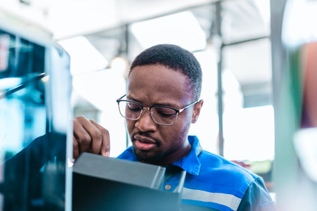 Engineer examines freshly printed 3D component in a workshop , showcasing advanced manufacturing and...