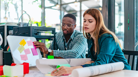 A diverse team of startup professionals collaborates on a 3D printing project in a modern workspace....