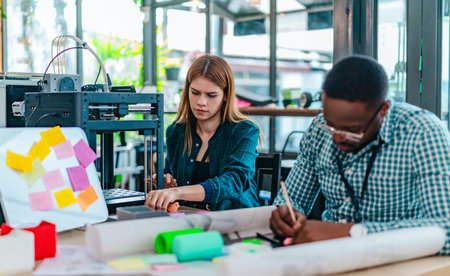 A diverse team of startup professionals collaborates on a 3D printing project in a modern workspace....
