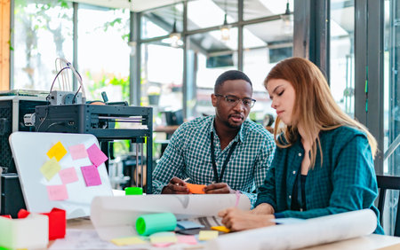 A diverse team of startup professionals collaborates on a 3D printing project in a modern workspace....
