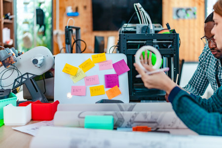 A diverse team of startup professionals collaborates on a 3D printing project in a modern workspace....