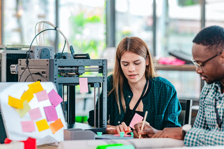 A diverse team of startup professionals collaborates on a 3D printing project in a modern workspace....