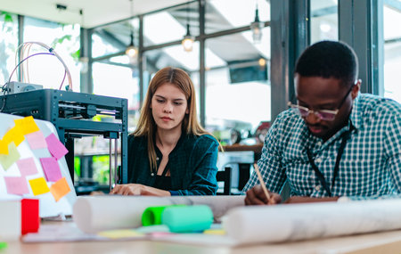 A diverse team of startup professionals collaborates on a 3D printing project in a modern workspace....