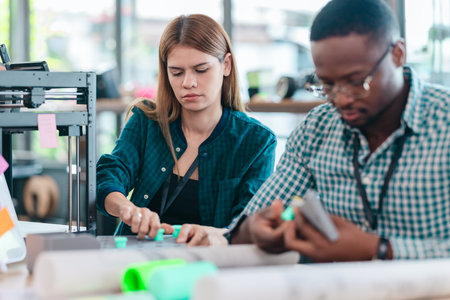 A diverse team of startup professionals collaborates on a 3D printing project in a modern workspace....