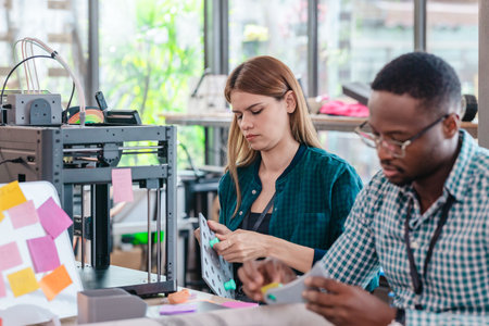 A diverse team of startup professionals collaborates on a 3D printing project in a modern workspace....