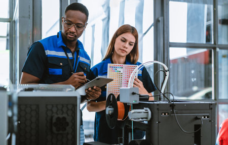 Engineer review color swatch guide while standing beside 3D printer, selecting hues for recycled 3D...