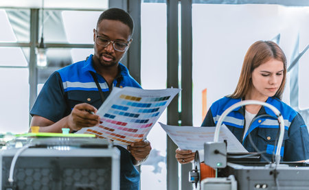 Engineer review color swatch guide while standing beside 3D printer, selecting hues for recycled 3D printed products. Emphasizing creativity, sustainability, and precision in manufacturing processesの写真素材