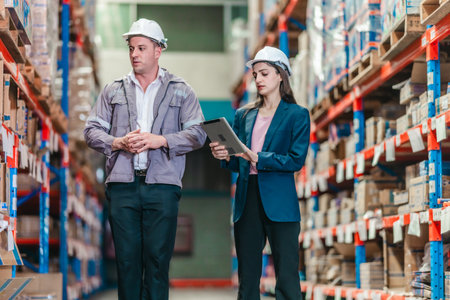 Female quality control manager inspects inventory while discussing with male warehouse supervisor in...