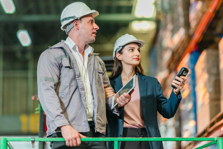 Female quality control manager inspects inventory while discussing with male warehouse supervisor in...