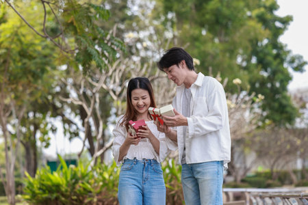 An Asian couple shares a joyful moment while exchanging gift boxes in a scenic outdoor setting. The scene captures feelings of love, celebration, and connection during a special occasion.の写真素材