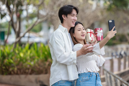 An Asian couple shares a joyful moment while exchanging gift boxes in a scenic outdoor setting. The scene captures feelings of love, celebration, and connection during a special occasion.の写真素材