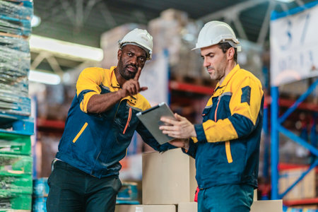 Warehouse workers collaborate on sustainable logistic strategy, review documents, data to implement...
