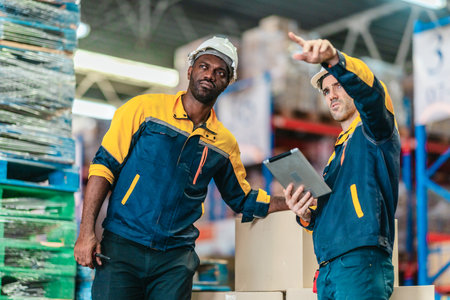Warehouse workers collaborate on sustainable logistic strategy, review documents, data to implement...