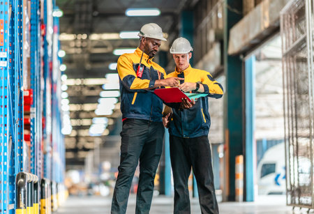 Warehouse workers collaborate on sustainable logistic strategy, review documents, data to implement...