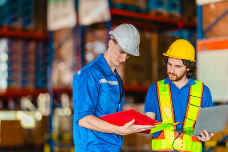 Warehouse workers collaborate on sustainable logistic strategy, review documents, data to implement...