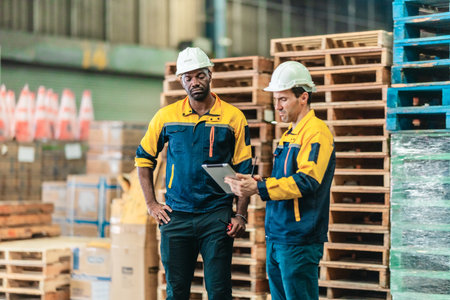 Warehouse workers collaborate on sustainable logistic strategy, review documents, data to implement...