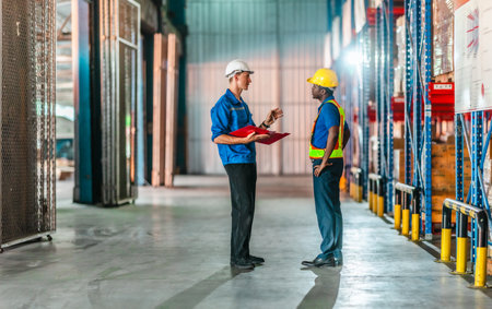 Warehouse workers collaborate on sustainable logistic strategy, review documents, data to implement...