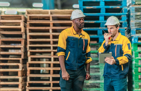 Warehouse workers collaborate on sustainable logistic strategy, review documents, data to implement...