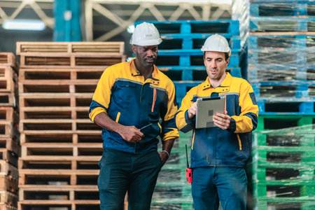 Warehouse workers collaborate on sustainable logistic strategy, review documents, data to implement...