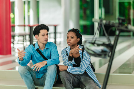 Two university students from different cultural backgrounds sit on campus step, engaged in friendly...