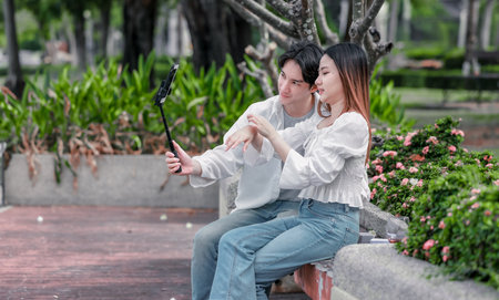 Asian couple shares tender moment as man gives necklace to his partner during Valentine’s Day...